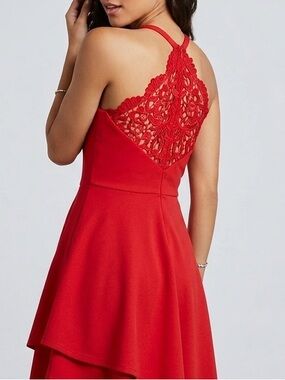 Row A red lace sleeveless V neck fit and flare asymmetrical hem mini dress